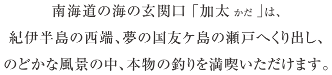 南海道の海の玄関口「加太(かだ)」は、紀伊半島の西端、夢の国友ケ島の瀬戸へとくり出し、のどかな風景の中、本物の釣りを満喫いただけます。